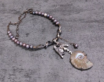 Whirls of Time- Iridescent ammonite, natural pearls, solid sterling silver statement necklace, one of a kind, bold, modernist, urban.