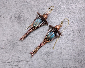 Triangular Lanterns. OOAK solid copper and apatite romantic Industrial, fantasy, fairy, earrings