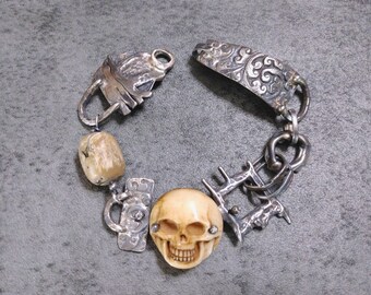 Dauntless. Solid Sterling, 999 Fine silver, Carved Bone, fossil coral, Bold, Ethnic Unisex Mystical OOAK Biker Bracelet