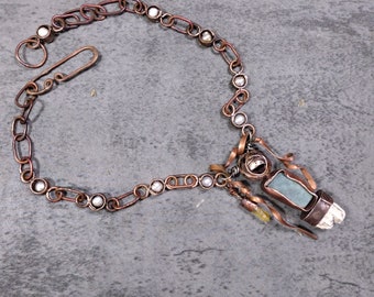 Nostalgia, OOAK unisex copper, ceramic, natural pearls and quartz modernist brutalist necklace