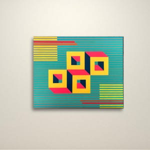 May include: Geometric abstract art print featuring three-dimensional cubes in yellow, pink, and navy blue against a teal background with horizontal stripes. Red and yellow stripes accent the top and bottom.