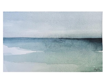 Evening Descends - Origineel minimaal abstract aquarelzeegezicht - Welsh Coastal Art