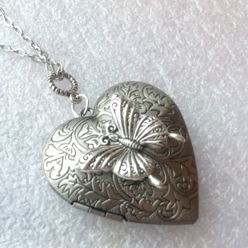 Heart Locket Necklace Butterfly Locket Necklace Large Silver Etsy UK