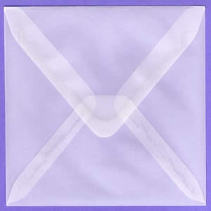 May include: A light purple envelope with a white flap. The envelope is made of a translucent material, so the color of the paper inside is visible.