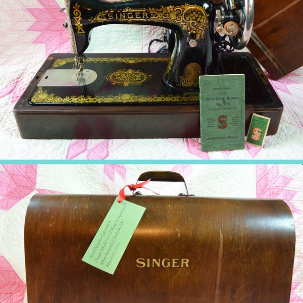1918 Singer Sewing Machine Model 115 TIFFANY GINGERBREAD Decals / Bentwood Case / Original Manual / Collectible Singer Sewing Machine