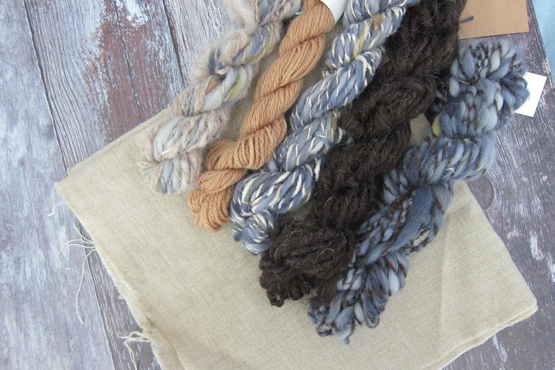 Hand spun mini skein set-natural and plant dyed wool in brown and blue shades.