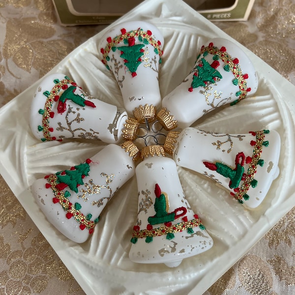 Vintage Krebs and Sohn Bell-Shaped Christmas Ornaments with Appliqué Designs Glass