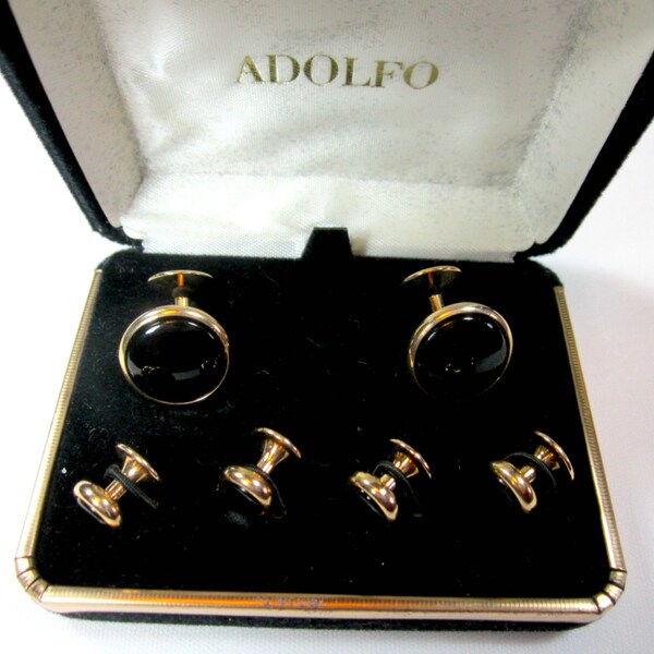 Adolfo Mens Cufflinks and Shirt Studs Vintage Black Gold Cuff Links Tuxedo Wedding