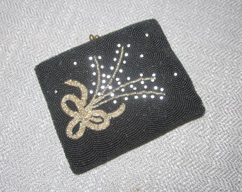 Beaded Change Purse Saks Fifth Avenue Wallet Vintage Clutch Black Gold Coin