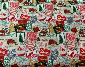 Christmas Prints Holiday Postage Stamps Fabric 100% Cotton Craft Decor Material By The Yard Cut to Order