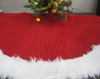 Christmas Tree Skirt Holiday Decor Red Knit and White Faux Fur Edging