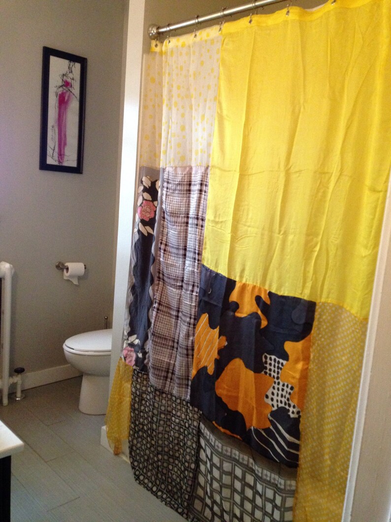 BLACK & YELLOW upcycled silk scarf shower STALL curtain boho Etsy