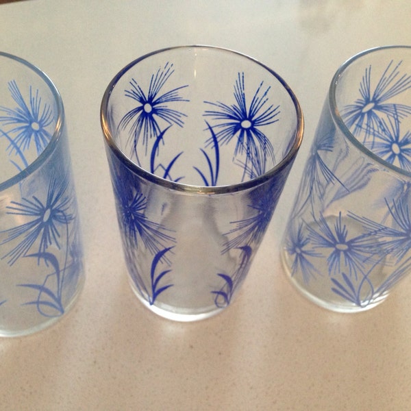 3 blue cornflower antique swanky swig juice glasses, vase, votive, tea light