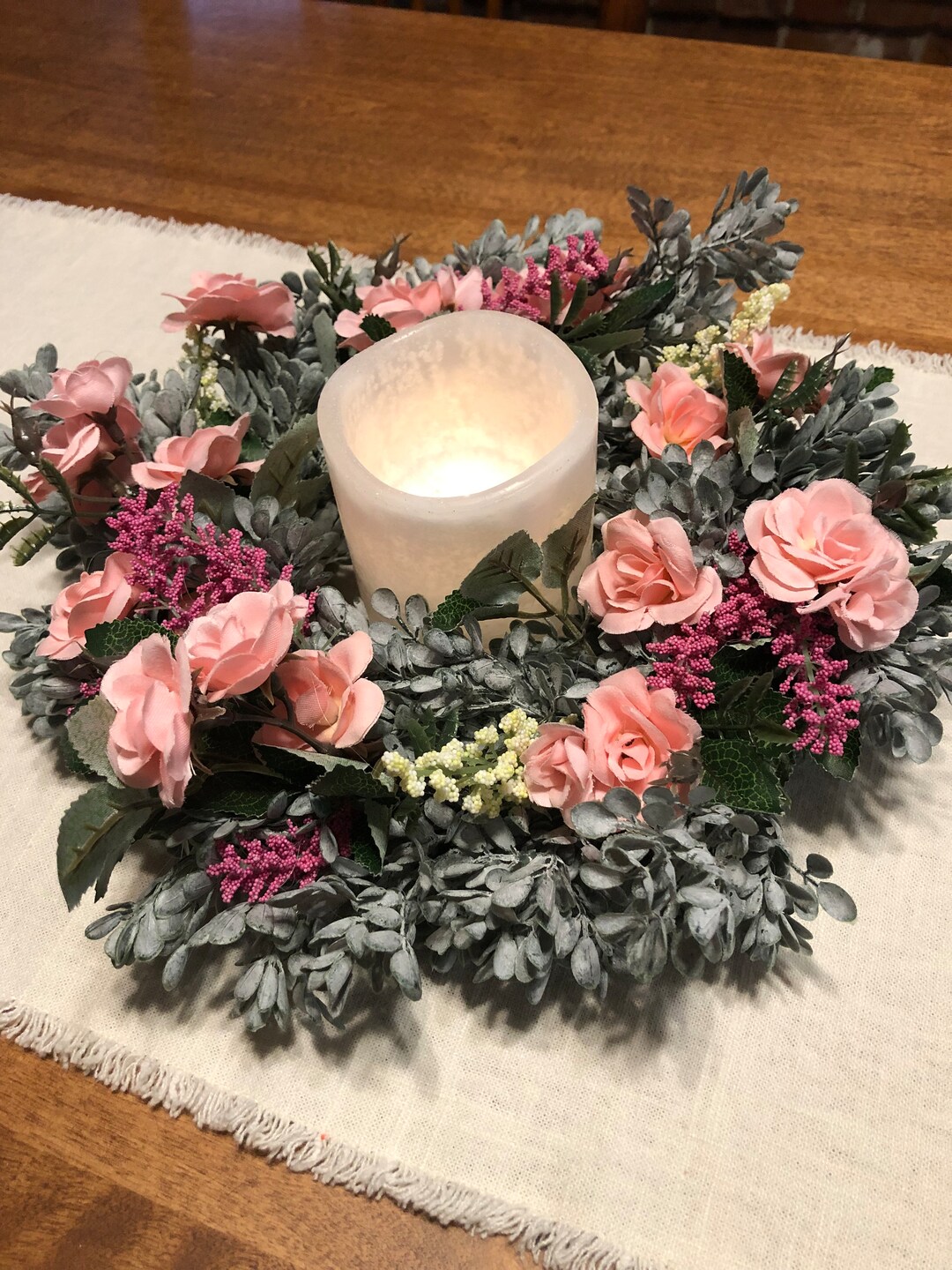 Mini Wreath Candle Ring Pink Roses Candle Wreath Pink Roses Etsy