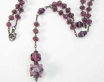 Vintage Repurposed Rosary Lariat Necklace with Czech Amethyst Glass Beads