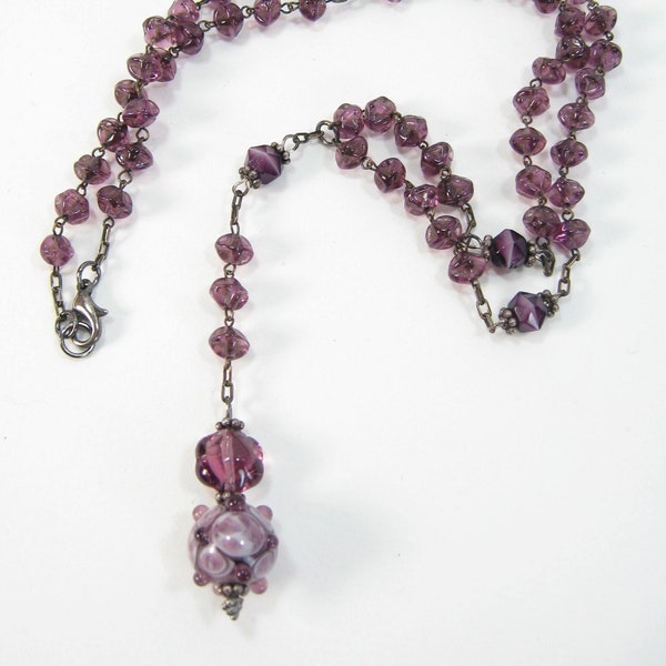 Vintage Repurposed Rosary Lariat Necklace with Czech Amethyst Glass Beads