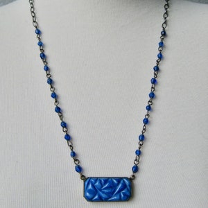 Delicate Art Deco Czech Molded Blue Glass Upcycled Pendant Necklace ~ 24 Inch by Vintage Delights Too