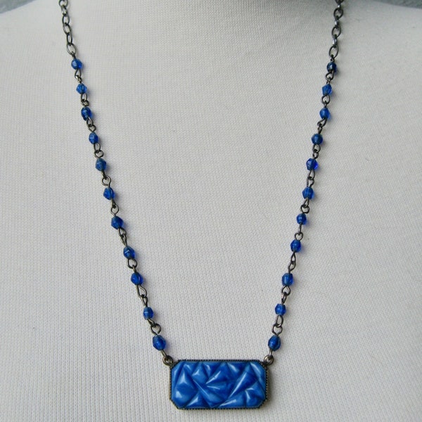 Delicate Art Deco Czech Molded Blue Glass Upcycled Pendant Necklace ~ 24 Inch by Vintage Delights Too