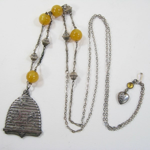 Vintage Beehive Good Luck Fraternal Pendant with Yellow Bead Chain Necklace or Choker