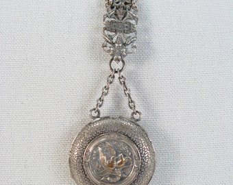 Antique Watch Chatelaine Necklace, Victorian Silver, Flower Basket and Birds