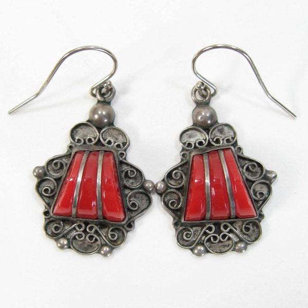 Vintage Mexican Sterling Silver Pierced Earrings – Red Dyed Onyx – Sterling Earwires - Diaz Santoyo Taxco - 1940s