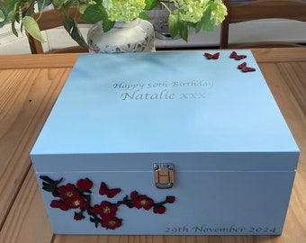 Wooden Keepsake Memory Box Blue with Red Spray of Flowers - Personalised