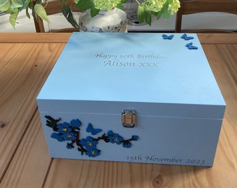 White Personalised Wooden Keepsake or Memory Box - Flowers & Butterflies - Unique Special Gifts