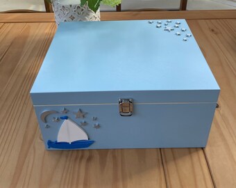 Blue Personalised Wooden Christening Baby Memory keepsake Box, Sailing Boat & Stars