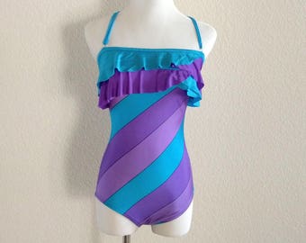 Vintage 80s swimsuit one piece bathing suit purple blue Chevron striped ruffles strapless Sirens playsuit romper swim suit s small m medium