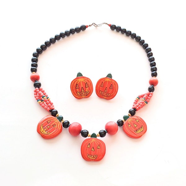 collier d’Halloween vintage et boucles d’oreilles set jack O’lantern citrouille perles en bois bijoux peints à la main