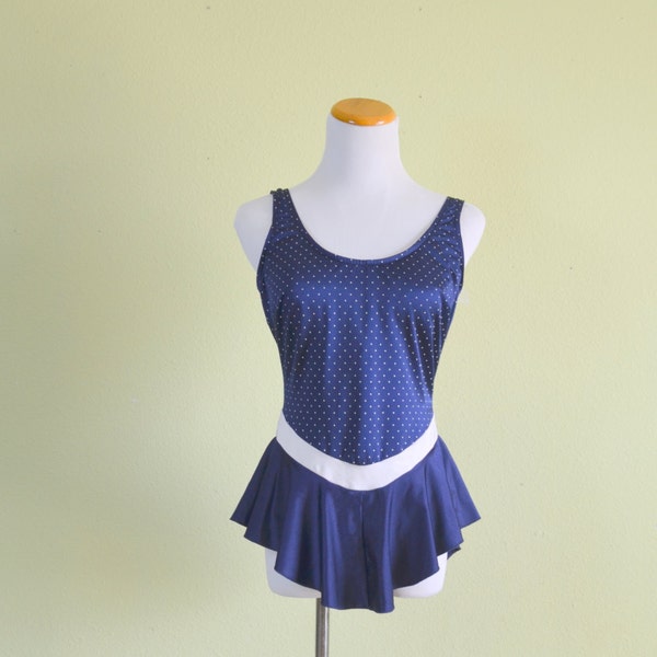 Vintage 80s Swimsuit nautical sailor navy blue white polka dots retro 50s pinup swimdress dress skirt one piece bathing swim suit Large L