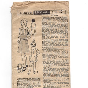 1930s Excella E3368 Girls&#39; Frock with Rompers Peter Pan Collar, Breast 30 Size 12 Years Vintage Unprinted Sewing Pattern Complete
