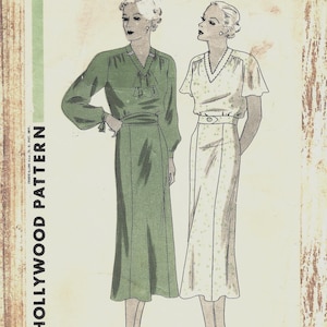 May include: A vintage Hollywood Pattern sewing envelope numbered 1212, featuring illustrations of two dresses. One is a long-sleeved green dress with a ruffled neckline, the other a short-sleeved light dress with a belt. Text includes 38 BUST and 41 HIP.
