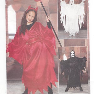 May include: A Butterick pattern for Halloween costumes. The image shows three costume options: a red devil costume with a trident, a white ghost costume, and a black grim reaper costume. The pattern number is 6297.