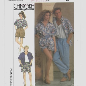 May include: Simplicity pattern 9235 featuring Cherokee designs. The image shows a woman in a floral print romper and a man in a matching shirt and blue pants. Additional images show other outfit variations. The pattern includes all sizes.