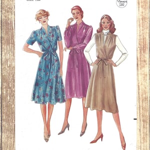 May include: Vintage Butterick sewing pattern 3962, size 12, featuring illustrations of three dresses. The dresses include a blue floral wrap dress, a purple dress with long sleeves, and a tan dress with a white turtleneck. The pattern is for misses petite.