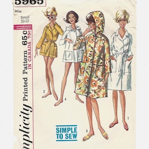 May include: Vintage Simplicity sewing pattern featuring four illustrated women's coats. The pattern includes a yellow belted coat, a white hooded coat, a floral print hooded coat, and a white belted coat. The pattern is labeled "Simple to Sew" and is for sizes 10-12.