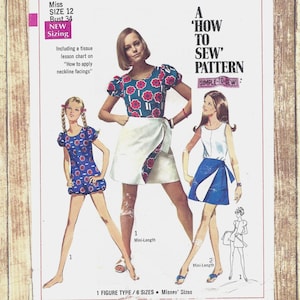 May include: Vintage Simplicity sewing pattern featuring a 'How to Sew' pattern. The pattern includes illustrations of women's clothing designs. The pattern is size 12, bust 34 inches, and includes a lesson chart on neckline facings.