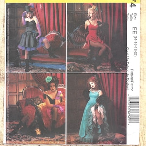 May include: McCall's Costumes sewing pattern 3674, size EE (14-16-18-20). The envelope displays four variations of theatrical costumes, including dresses with ruffles, lace, and corset-style bodices in black, red, and teal, paired with accessories like gloves and hats.