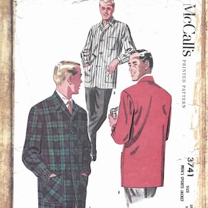 May include: A McCall's printed pattern envelope for a sports jacket, number 3741, size small 34-36. The illustration features three figures wearing different jacket styles: one in a green and black plaid pattern, one in a vertical stripe, and one in solid red.