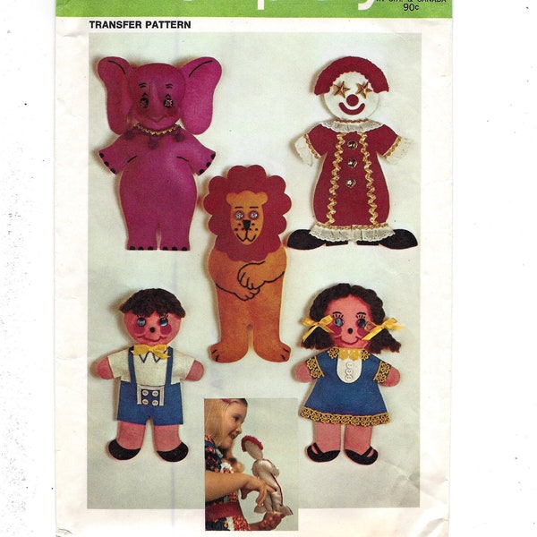 UNCUT 1970s Simplicity 9739 Finger Puppet Toys Transfer, 5 Transfers Clown Elephant Lion Boy Girl Puppets, Vintage UNUSED FF Transfer