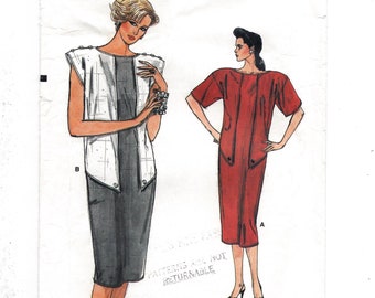 1980s Vogue 9313 Very Loose-Fitting Straight Dress Front Overlay Button Trim, Sizes 8-10-12 Bust 31.5-32.5-34 Cut Complete Sewing Pattern