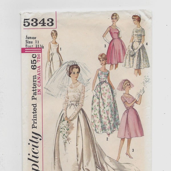 UNCUT 1960s Simplicity 5343 Wedding Bridesmaid Evening Dress Detachable Train, Bust 31-1/2 Size 11jp FF Vintage Sewing Pattern