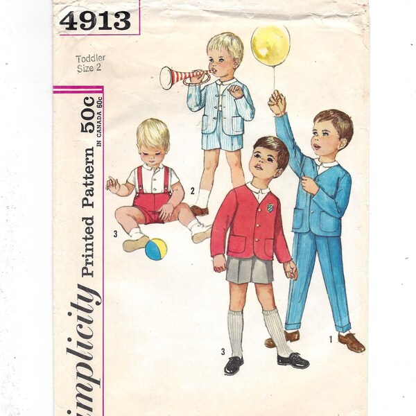 1960s Simplicity 4913 Toddlers' Jackets Shirt & Pants with Suspenders in Two Lengths, Breast 21 Size 2T Cut Complete Vintage Sewing Pattern