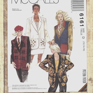 May include: McCall's sewing pattern for blazers. The pattern features illustrations of four different blazer designs, including a white blazer with decorative pockets, a plaid blazer, and a black floral blazer. The pattern size is D (12, 14, 16).