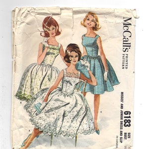 1960s McCall's 6183 Full Gathered Skirt Dress and Slip Dart Fitted Bodice, Bust 32 Size 12 Incomplete Sewing Pattern Missing 2 Small Pieces