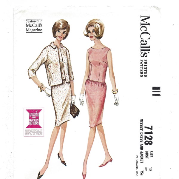 UNCUT 1960s McCall's 7128 Sleeveless Dress and Jacket, Long Waisted Dress Open Front Jacket, Bust 32 Size 12 FF Vintage Sewing Pattern