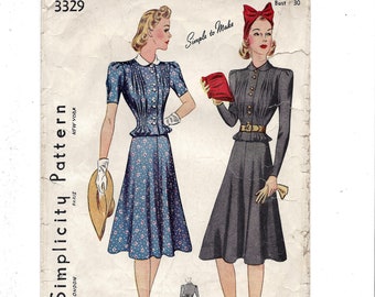 1940 Simplicity 3329 Two-Piece Afternoon Dress Flared Skirt Tucked Blouse with Collar, Bust 30 Size 12 Unprinted Vintage Sewing Pattern