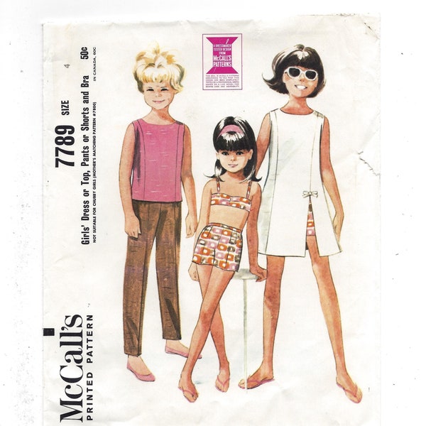 1960s McCall's 7789 Child's Dress Top Pants Shorts and Bra, Breast 23 Size 4 Partially Cut & Complete Vintage Sewing Pattern