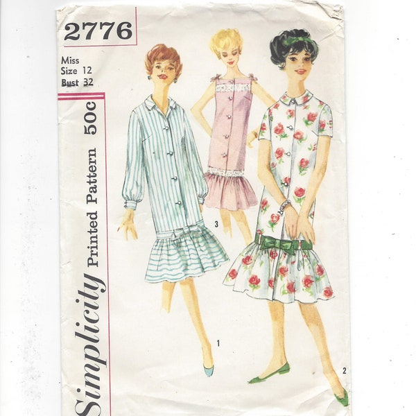 UNCUT 1950s Simplicity 2776 Duster Dress Flounce Front Button Down with Sleeve and Collar Options, Bust 32 Size 12 FF Vintage Sewing Pattern